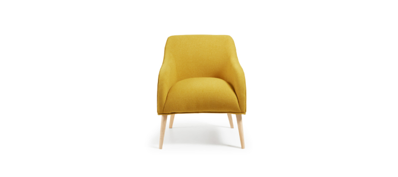 Front view of yellow mustard fabric armchair.