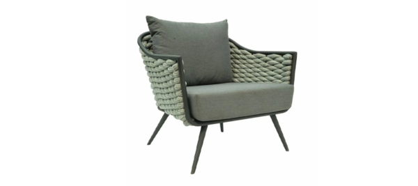 Rattan outdoor grey armchair with cushions.