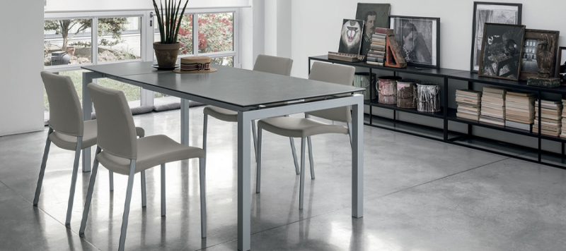 Side view of white dining table by target point.