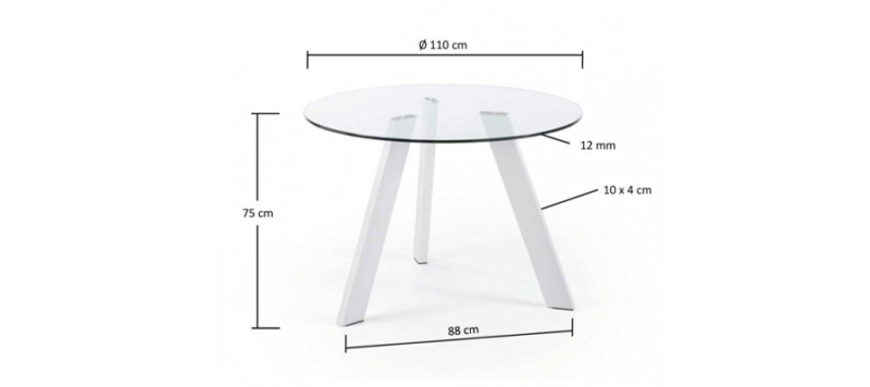 Detailed dimensions of silver and glass table.