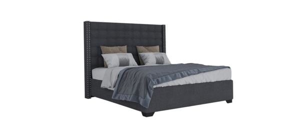 Double emperor bed in bedroom fabric blue and grey.