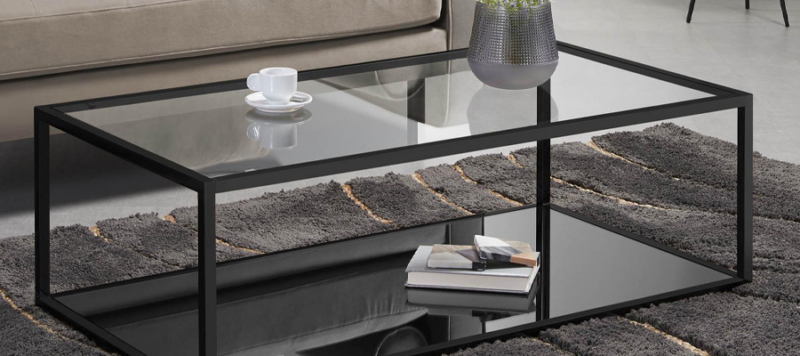 Black coffee table in a living room.