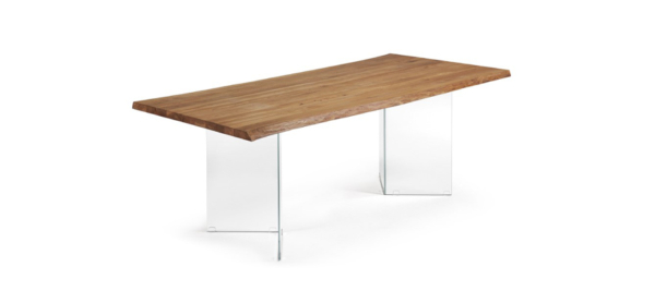 Wooden top glass legs dining table.