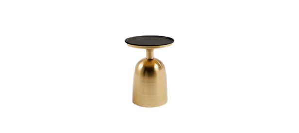 Gold side table with black top.