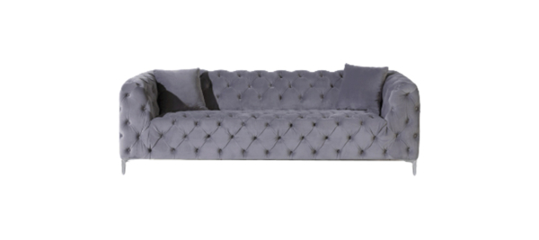 Grey fabric capitone sofa.