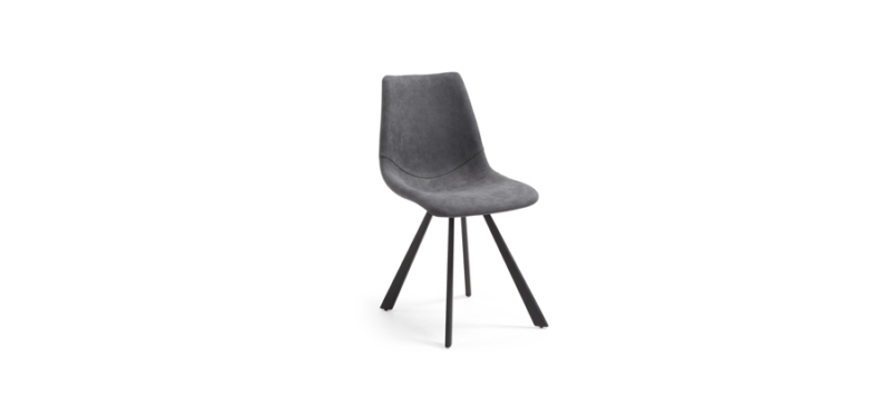 Metal black legs and grey fabric chair.